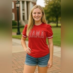 BAMA Puff Sleeve Ringer Tee S Red Alabama Crimson Tide Embroidered Puff Sleeve